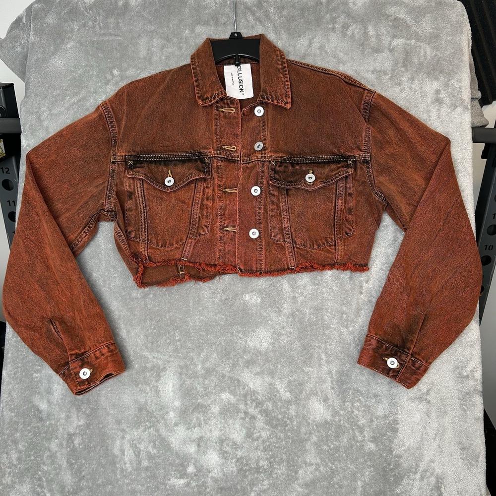 COLLUSION ASOS Petite Cropped Overdyed Acid Wash Red Denim Jacket Women's Sz 0